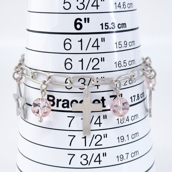 Vintage Sterling Silver 925 Religious Pink Crystal Charm Bracelet 7" - Picture 4 of 5